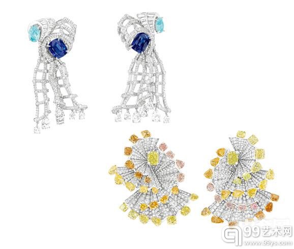 左上:Dior顶级珠宝Archi Dior系列Verticale Godet Saphir蓝宝石、钻石耳环 右下:Dior顶级珠宝Archi Dior系列Verticale Plisse Diamant黄钻耳环