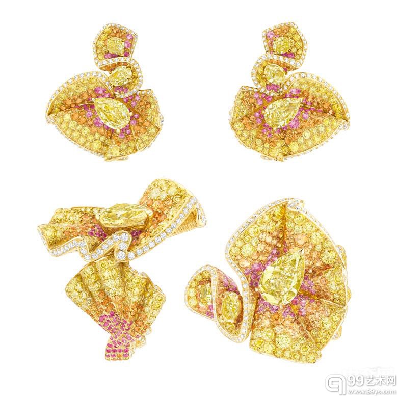 Dior顶级珠宝Archi Dior系列Trompe L`oeil Diamant黄钻耳环(上)、戒指(下)
