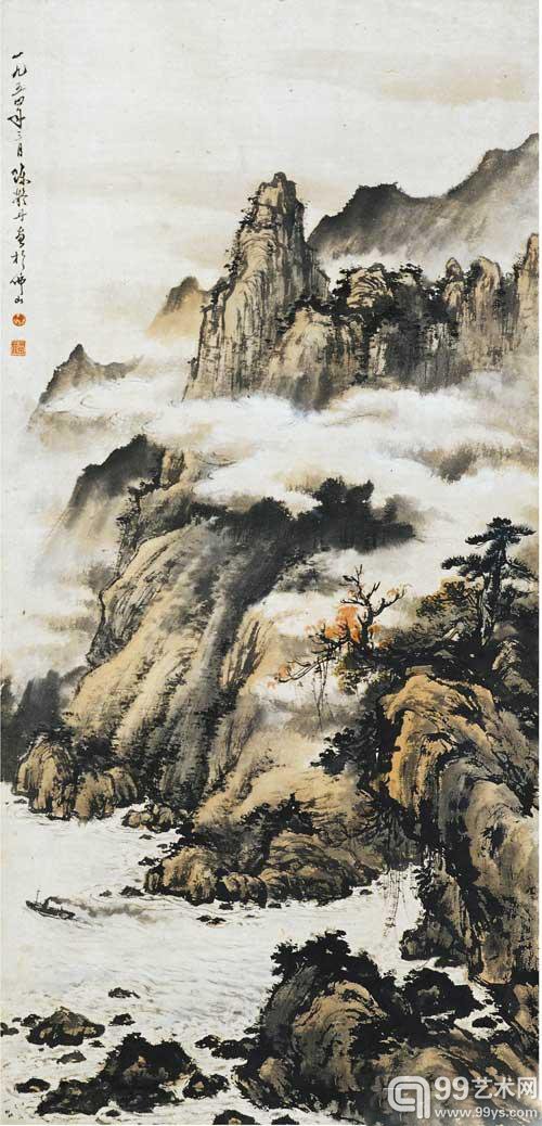 图3、陈凝丹《西陵峡之秋》，纸本设色，115x55厘米，1954年，广东美术馆藏