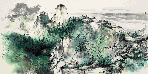 谢砚作品，山亭天籁，纸本水墨，68x136cm