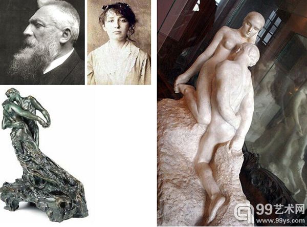 左上,罗丹和情人照片;左下:克罗黛尔作品《华尔兹》;右边:《永恒的