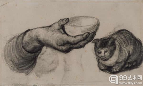 Vincent van Gogh,《Hand with Bowl and a Cat》,1885 梵高博物馆 @vangoghmuseum