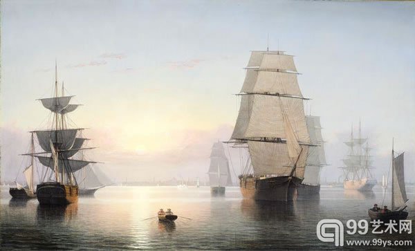费兹·亨利·莱茵(Fitz Henry Lane)作品《日落时分的波士顿港》(1850-55)