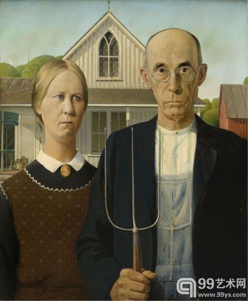 格兰特·伍德(Grant Wood)作品《美国哥特式》(1930)