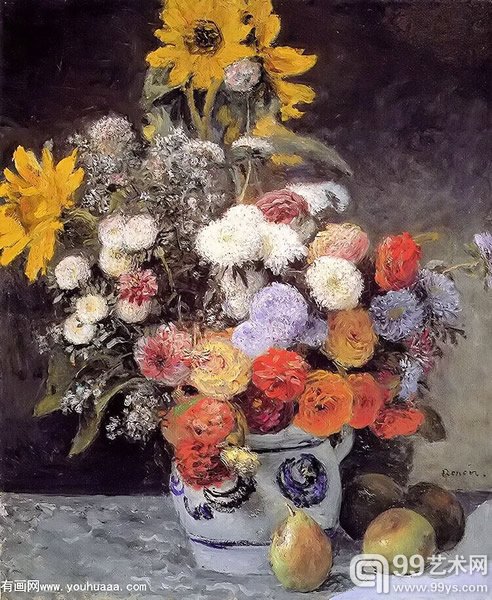 雷诺阿《花瓶中的混合花》 1869年