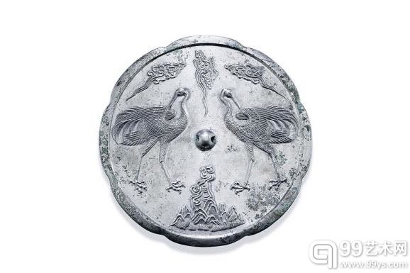 唐 双鹤江崖海水纹葵花式镀银铜镜