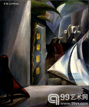 塔玛拉德兰陂卡（Tamara De Lempicka）《海港月色》（A Harbor in the Moonlight），布面油画，43x38cm，1924年，私人收藏。 TAMARA DE LEMPICKA