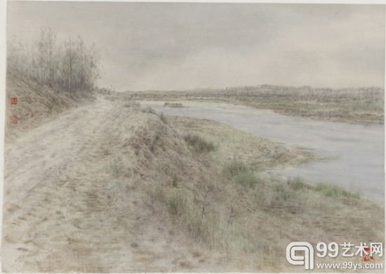 党震 《汶河系列之二》，49x70cm，纸本设色，2014