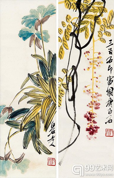 齐白石（1864-1957）蝴蝶兰、紫藤双屏 设色纸本 52.5×16.6cm×2 RMB：360,000-468,000 着录：《中国近代绘画的巨匠――永远的吴昌硕、齐白石（二）》P99，中国艺术株式会社。