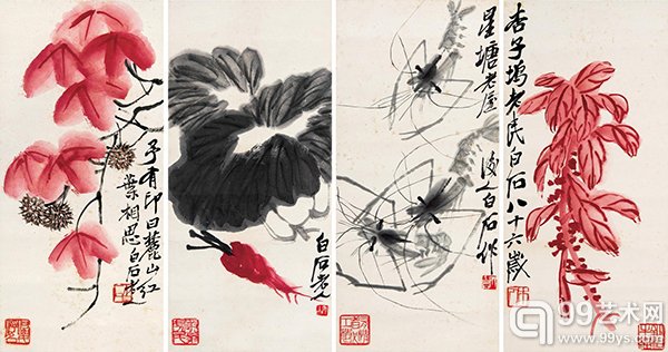 齐白石（1864-1957）老少年、白菜红萝卜、墨虾、丽山红叶相思 四屏 设色纸本 43×20cm×4 RMB：1,320,000-1,716,000  着录：《中国近代绘画的巨匠――永远的吴昌硕、齐白石（二）》P109，中国艺术株式会社。