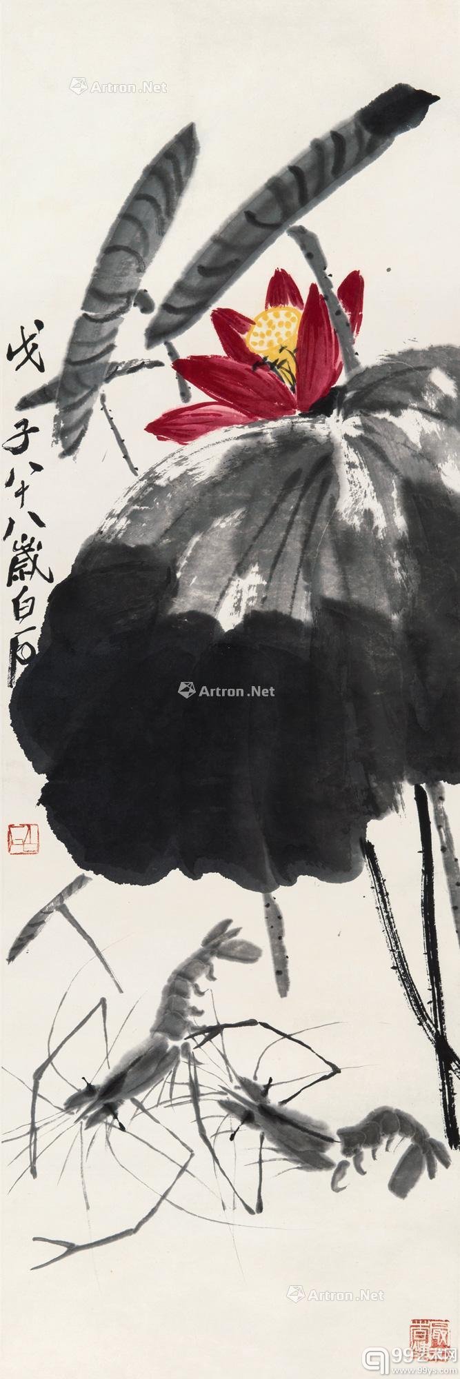 齐白石（1864-1957）红叶墨虾 设色纸本  1948年作  103.4×34.5cm RMB：480,000-624,000 着录：《中国近代绘画的巨匠――永远的吴昌硕、齐白石（二）》P113，中国艺术株式会社。