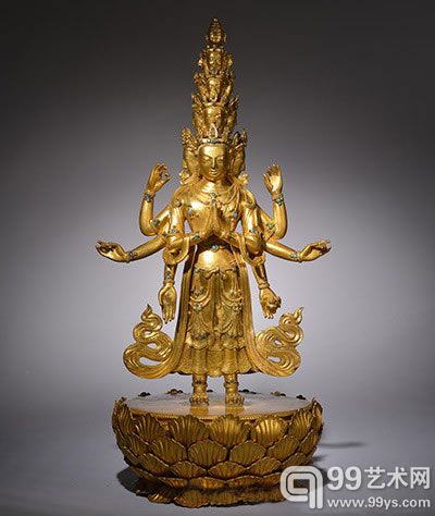 清康熙铜鎏金十一面观音