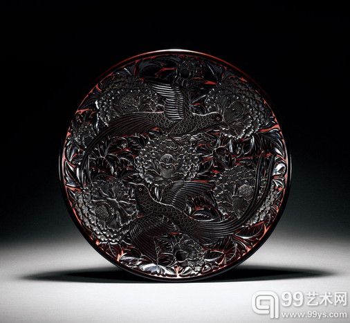 元末明初 黑漆寿鸟圆盘	
