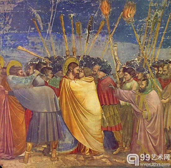 乔托《犹大之吻》——九、邪恶之吻 如果说前面8个吻代表甜蜜,代表幸福,这第九个吻就不那么美好了。耶酥的门徒犹大在公元29年利用亲吻出卖了其师,他接受大司祭付给他的银子,答应帮他们辨认耶酥。当他们到客马尼园抓耶酥时,犹大就拥抱和亲吻耶酥,好让他们辨认出他。耶酥随即被捕,然后被钉死在十字架上。