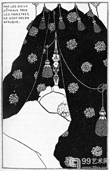 奥伯利·比亚兹莱《床上的自画像》(1894年) 英国插画家奥伯利·比亚兹莱受到日本木刻版画影响创作了一系列钢笔画作品,其中最著名的就是为奥斯卡·王尔德的剧本《莎乐美》创作的插画。比亚兹莱为新艺术运动的发展贡献巨大。也许是天妒英才,比亚兹莱25岁时因肺结核去世。这幅《床上的自画像》是他去世前四年创作的。