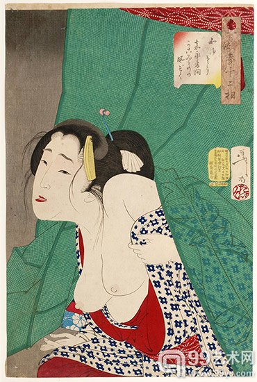 月岗芳年,《奇痒之相》,1888 这位19世纪的日本艺术家善于通过面部表情破解人物性格,他的画作比当代西方艺术要好懂得多,你可以轻而易举地分辨出这位正昏昏欲睡地从蚊帐后走出的性感娼妓刚刚经历一场性事。这是月岗芳年《风俗三十二相》系列中的第16幅作品,《奇痒之相》丰富精致的细节展示了艺术家在浮世绘版画与绘画方面的杰出才能。
