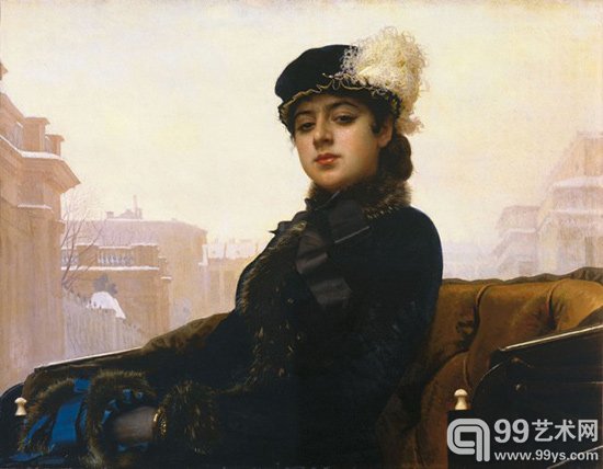 伊凡·克拉姆斯科伊,《无名女郎》,1883 一位20岁出头的青年女性坐在华贵的敞篷马车上,背后是被雪花装点的俄罗斯城市。她着装精美,皮手筒上扎着蓝色的绸带,帽子上镶嵌着白色的羽毛。她涂着红色的口红,左手腕上戴着一只金色的手镯(也许是两只)。作画的角度着重体现了她向下俯视的目光,正如她半睁的双眼一样强调了她的高傲。一直以来,人们根据这个表情猜测模特是一位通过讨好富裕的男性来提高自己社会地位的女人,也可以算是对自视甚高的资产阶级青年女性的好名声的一种嘲讽。作为1860至1880年间的“俄罗斯民主艺术运动”的领袖,克拉姆斯科伊更看重人道主义和心理现实主义。他画过的农夫数量并不比飞扬跋扈的城市女孩少。