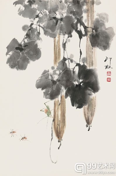 萧朗(1917-2010)丝瓜草虫设色纸本托片68.5×45.6cm.约2.8平尺RMB:60,000-80,000