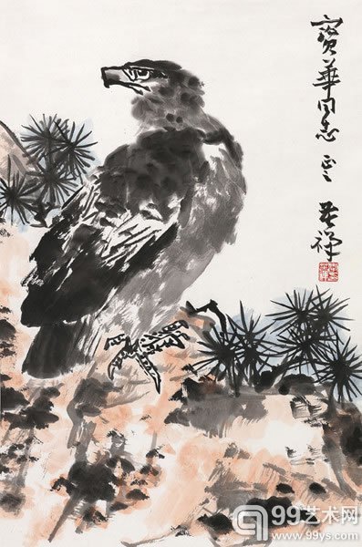 李苦禅(1899-1983)松鹰图设色纸本吗立轴69×45cm.约2.8平尺RMB:450,000-500,000