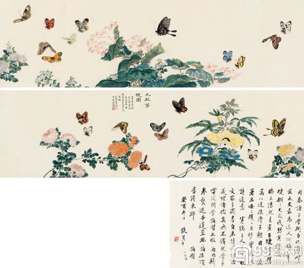 朱研英 九秋花蜨图纸本手卷31 × 216 cm