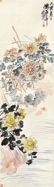 吴昌硕 篱菊图纸本立轴132 × 39 cm