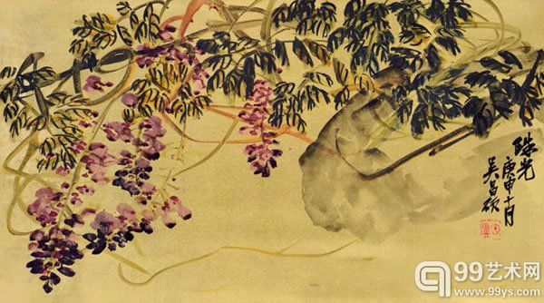 吴昌硕 珠光金笺立轴48 × 86 cm