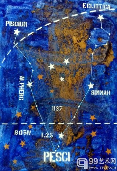 日夜繁星系列-双鱼座，布基，多种材料 荧光材质，2012,100×70cm