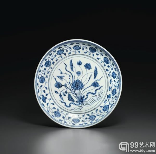 明永乐青花「一把莲」大盘直径121/2英寸(30.8公分)美元150,000-200,000