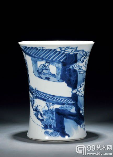 清康熙青花听琴图撇口笔筒高13.7cm