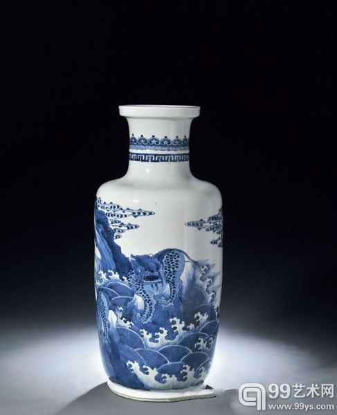 清康熙青花海兽纹棒槌瓶高45.5cm