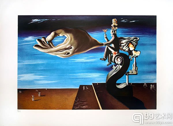 外滩二十二号画廊-达利，描绘地平线的达利的手，石刻套色版画，1978