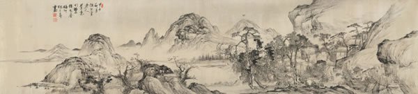 林占春 携琴访友图绫本手卷41 × 182 cm