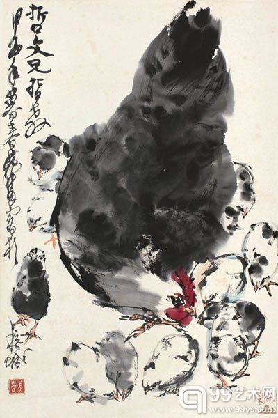 黄胄 子母鸡图纸本立轴68 × 46 cm