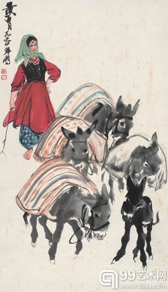 黄胄 赶驴图纸本立轴84 × 48 cm