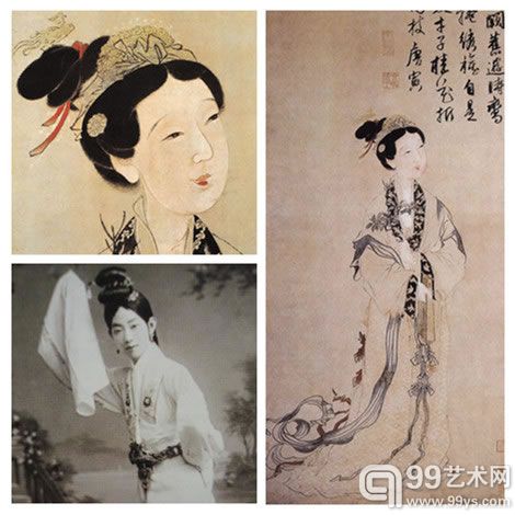 唐伯虎《嫦娥执桂图》(局部),梅兰芳《嫦娥奔月》剧照