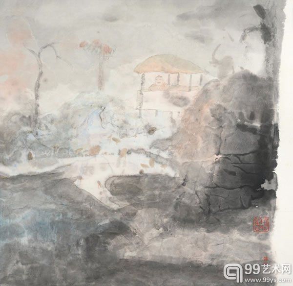 田黎明 凉亭消暑图纸本镜心52 × 55 cm