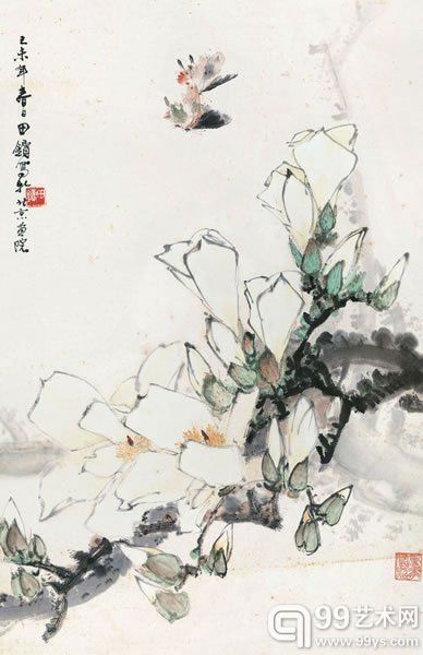 田镛 玉兰蝴蝶纸本立轴69 × 45 cm?
