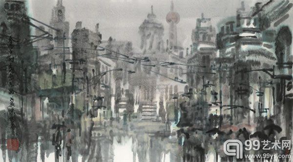 徐希 雨中上海纸本镜心48 × 90 cm?
