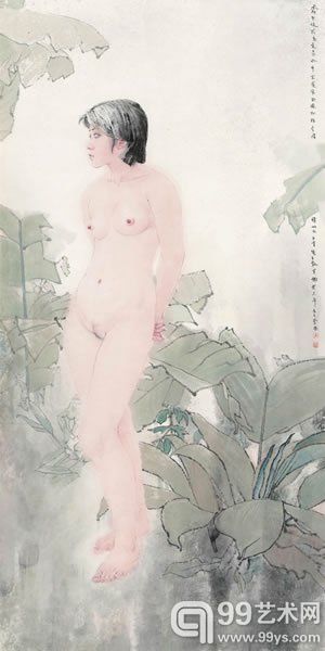 李爱国 芭蕉仕女纸本镜心135 × 69 cm