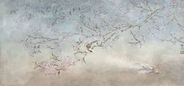 徐安民 桃花黄鹂纸本镜心36 × 77 cm