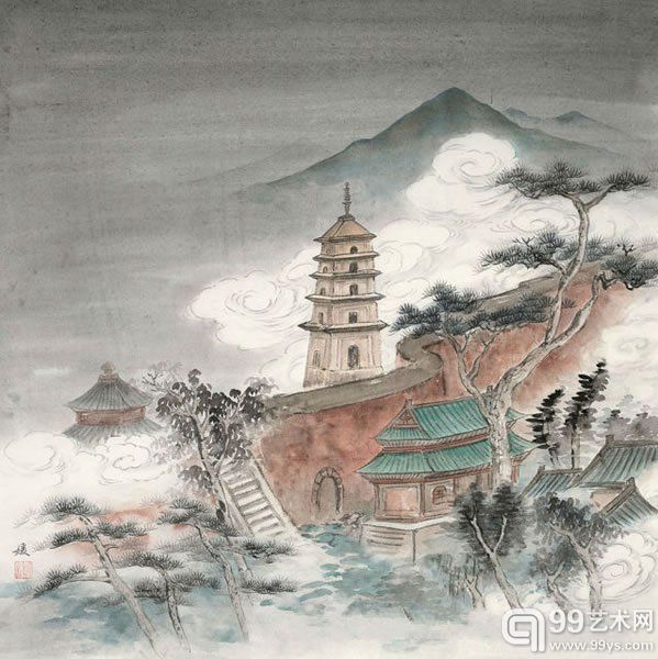 姚媛 古寺松云纸本镜心69 × 69 cm