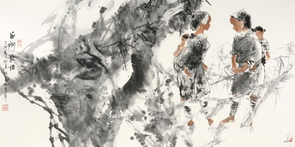 王明明 苗乡夜话纸本镜心136 × 68 cm