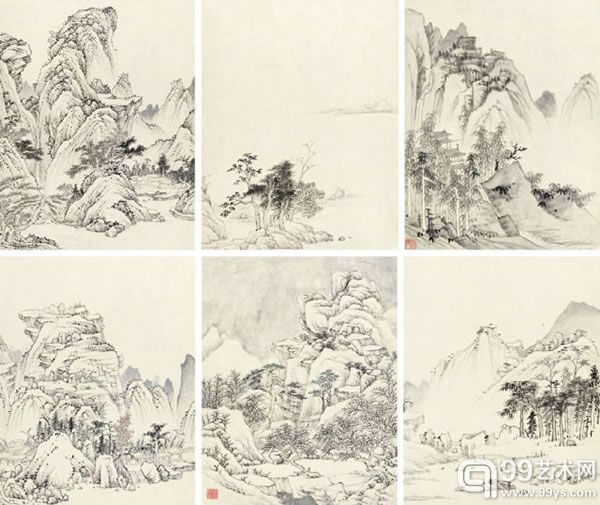  渐江(1610-1663) 春江小景纸本册页(6开)31×24 cm×6 约0.7平尺(每幅)RMB: 300,000-400,000