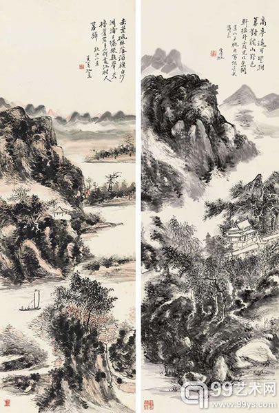 黄宾虹(1865-1955) 景山夕眺、秋山小景 纸本立轴 120×40 cm 约4.3平尺 125×40 cm 约4.5平尺 RMB: 2,800,000-3,500,000