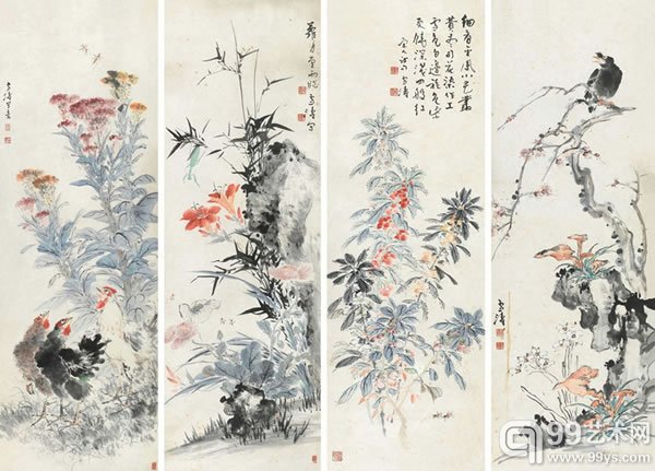 王雪涛(1903-1982) 宋人诗意四屏 纸本镜心 100×33 cm×4  约3.0平尺(每幅) RMB: 800,000-1,000,000