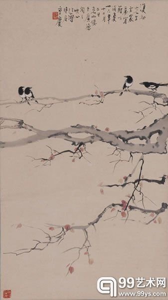 徐悲鸿 《四喜图》1937年作设色纸本立轴89 × 50 cm.估价：HK$600,000-800,000