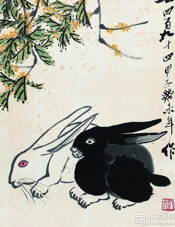 图为齐白石《丹桂双兔》（局部）