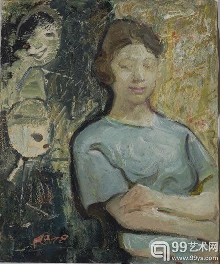 黄锐《黑板前的女孩》1979年作油彩画布50 x 40 cm.