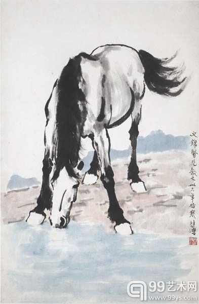 徐悲鸿《饮马图》设色纸本立轴82.3 × 54 cm