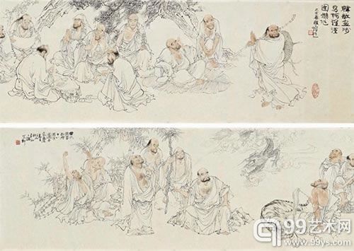 韩敏《罗汉图》设色绢本手卷196 × 35cm